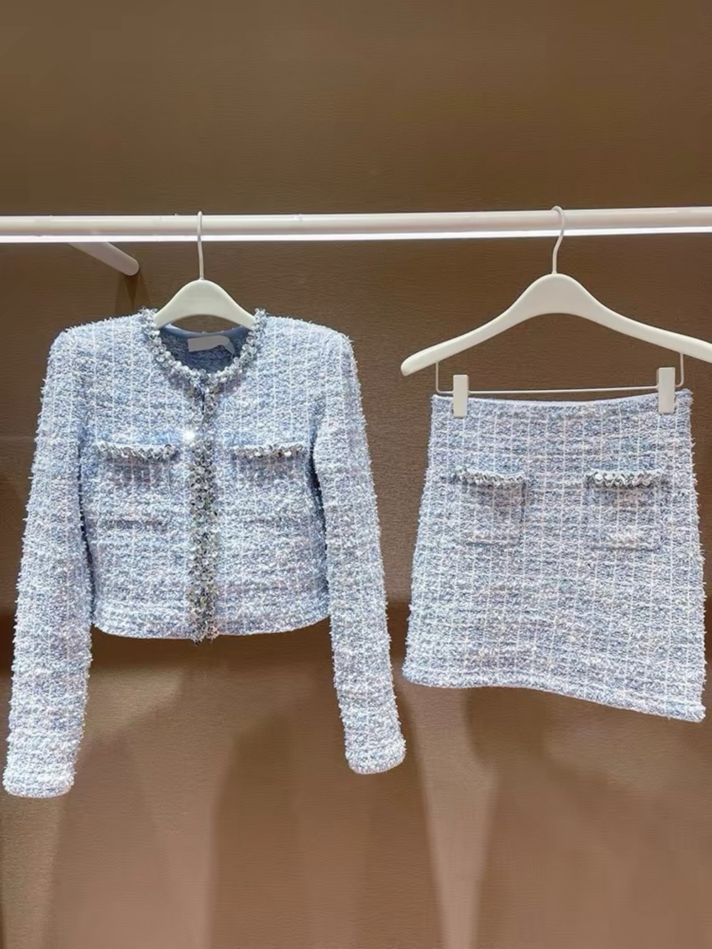 Self-portrait Textured Light Blue Tweed Mini Skirt - Feminine Chic